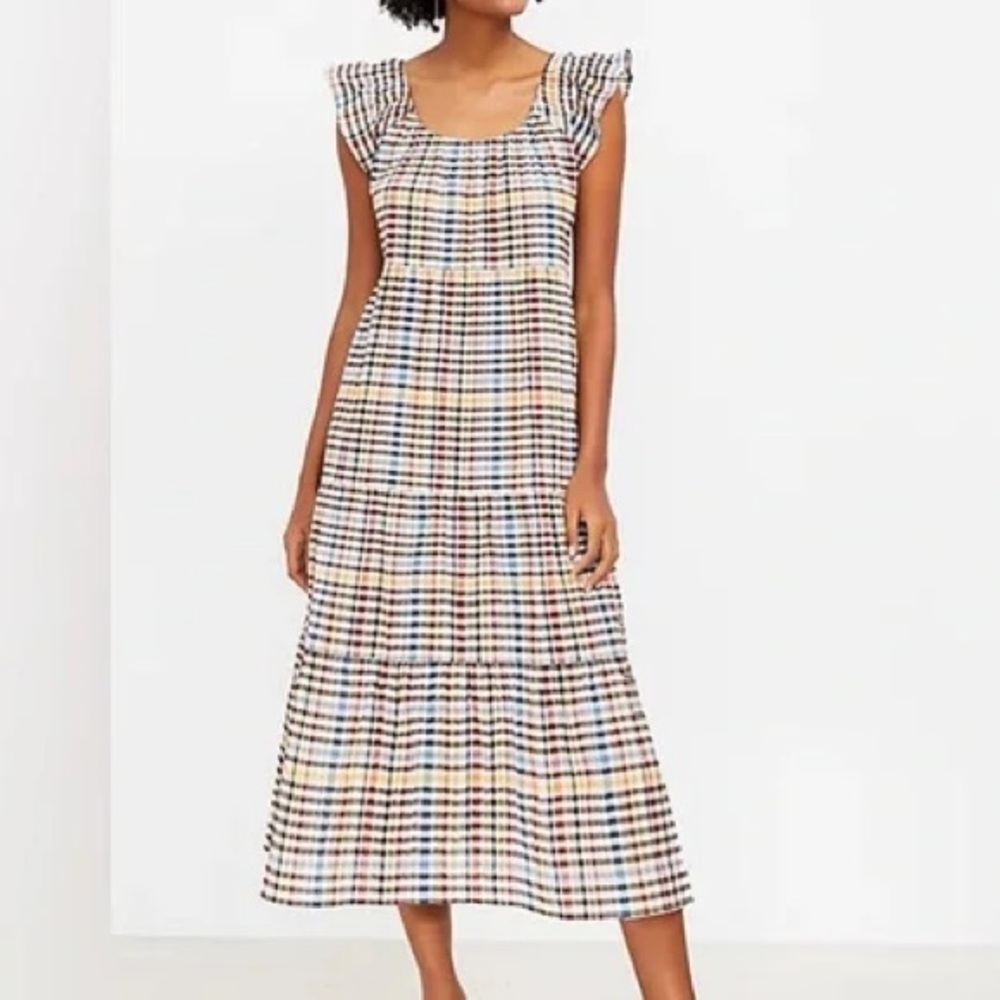 LOFT Flutter Sleeve Cotton Maxi Dress Plaid Size Medium